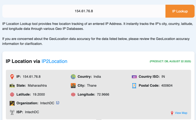 IP lookup results for IntechDC